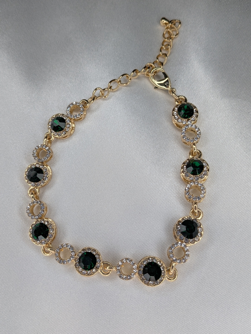 Gold Tone Emerald Green Rhinestone Halo Circle Link Bracelet Adjustable